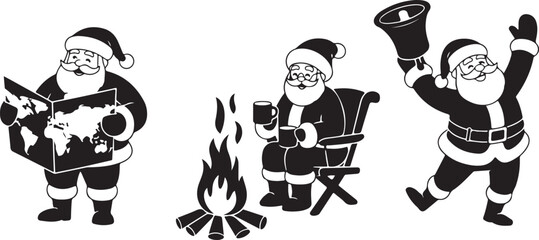 Naklejka premium Set of Santa Claus silhouette icons. Vector collection of Christmas characters planning journey and celebrating holiday with Mrs Claus