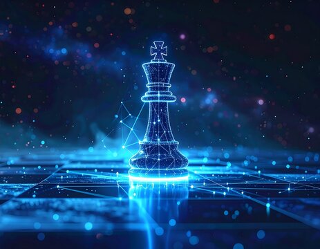 A digital chess king glows with a network of connected lines on a glowing chessboard amidst a starry, blue background