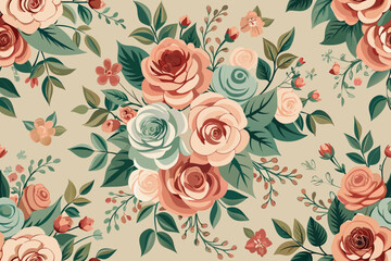 Retro Floral Arrangement with Roses and Greenery on Beige Background pattern