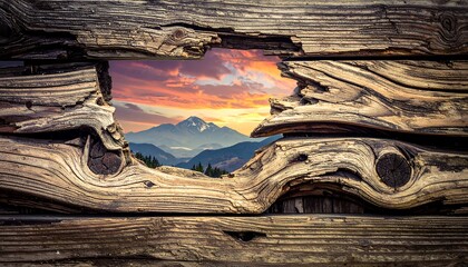 Rustic Wood Frame Revealing Majestic Mountain Sunset.