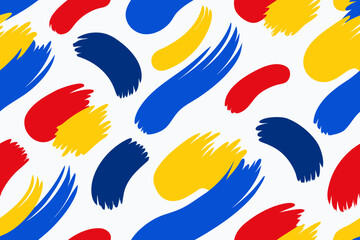 Seamless pattern of bold red blue and yellow brush strokes on white abstract background
