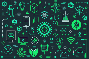 Seamless pattern of green technology icons and circuit board elements on dark background vector