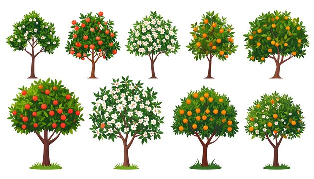 Assorted vibrant trees, each showing fruit or blossoms. Lush green foliage and sturdy brown trunks are depicted. A bright, colorful illustration