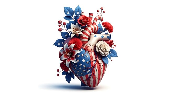 Anatomical heart with american flag design and floral elements, a patriotic and artistic representation of love and freedom - Powered by Adobe