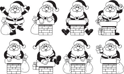 Set of Santa Claus stuck in a chimney silhouettes. Collection of funny Christmas icons with Santa and gift sacks. Comic holiday vector illustrations for festive design