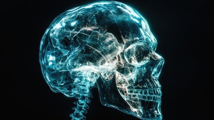 Human skull rendered with blue light effects