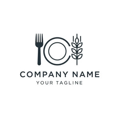 Minimalist logo design featuring a fork plate and wheat stalk.