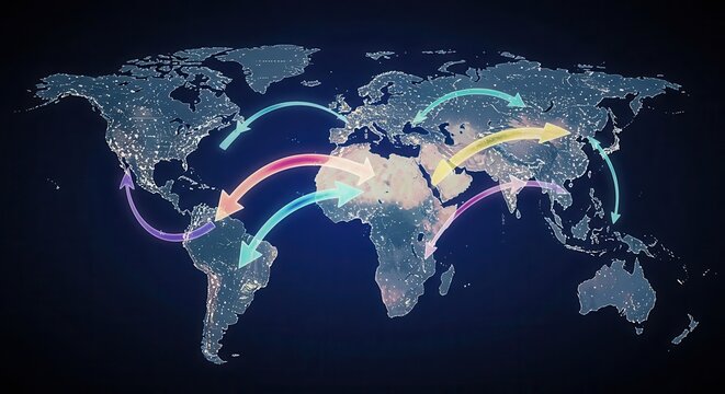 Global connectivity and international flow illustrated across a night view world map