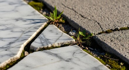 Close-up of cracked pavement with small green plants and moss growing between the stones on a sunny day