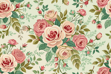 Vintage rose and leaf pattern in soft pinks and greens on a pale background Keywords: floral, pattern, seamless, vintage, roses, flowers, leaves