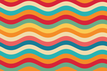 Vintage Wavy Stripes In Teal Red Yellow Orange Cream And Blue abstract background