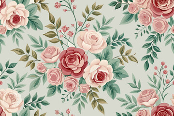 Vintage Rose Floral Pattern Seamless Background with Green Leaves roses