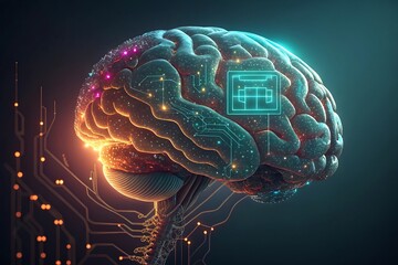 Abstract digital brain with glowing circuits and futuristic neural network connections