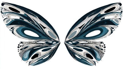 Abstract butterfly wing design with intricate patterns showcasing shades of blue, white, and black on a clean background