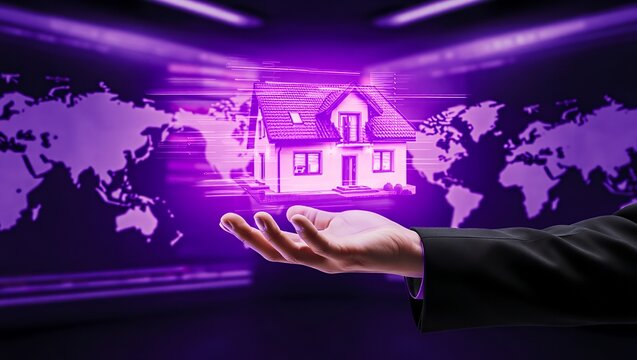 A business professional's hand is extended, showcasing a digital house model against a vibrant world map backdrop, illustrating the concept of real estate in a modern, technological context