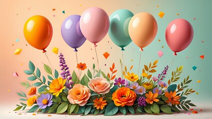 A collection of colorful balloons stands among a lush arrangement of vibrant flowers, creating a festive atmosphere filled with confetti, perfect for celebrations and joyful occasions