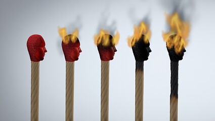 Unique conceptual illustration featuring matchsticks with human head shapes, transitioning from red to black, with flames rising from each head, symbolizing transformation and intensity