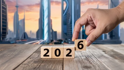 A hand is placing wooden blocks to show the year 2026, set against a futuristic city skyline with tall buildings and a vibrant sunset, creating a sense of innovation and progress