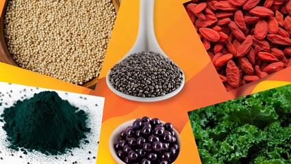 A variety of superfoods displayed in bowls and spoons, including chia seeds, goji berries, spirulina powder, black currants, and kale, arranged artistically on a colorful backdrop