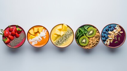 Five vibrant smoothie bowls filled with fresh fruits like strawberries, mangoes, and kiwi, topped with seeds and nuts, beautifully arranged on a light background, showcasing healthy eating