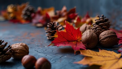 A vibrant arrangement of colorful autumn leaves, pine cones, and assorted nuts is beautifully displayed on a textured wooden surface, capturing the essence of the fall season and nature's bounty