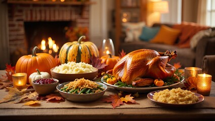 A beautifully arranged Thanksgiving dinner table features a golden roasted turkey surrounded by seasonal dishes, pumpkins, and candles, creating a warm and inviting atmosphere for celebration