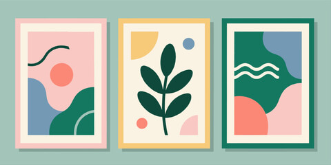 Modern abstract art prints, colorful minimalist designs in frames