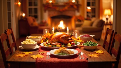 A beautifully arranged dining table features a golden roasted turkey surrounded by various side dishes, autumn leaves, and warm lighting, creating a cozy atmosphere for a festive gathering