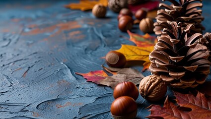 A collection of autumn leaves, pine cones, and various nuts is artistically arranged on a textured blue surface, creating a warm and inviting seasonal atmosphere for decoration or design