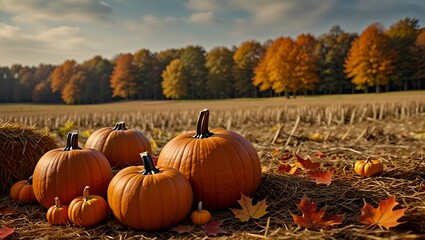 A collection of vibrant pumpkins rests on straw in an expansive field, surrounded by colorful autumn trees. The warm hues of fall foliage create a picturesque seasonal atmosphere