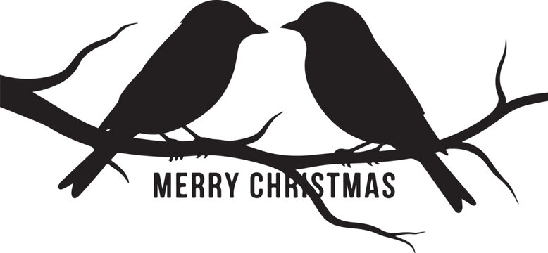 Two birds on a branch with a Merry Christmas banner vector silhouette. Cute winter holiday illustration for greeting cards