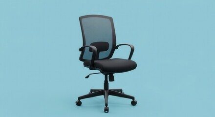 Fototapeta premium Modern ergonomic office swivel chair stands ready against a light blue background