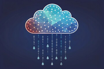 Abstract digital cloud computing data flow illustration with geometric network connections and downward binary stream