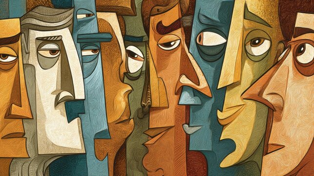 Abstract portrait artwork showcasing diverse human emotions and expressions through vibrant colors and geometric shapes in a stylized design