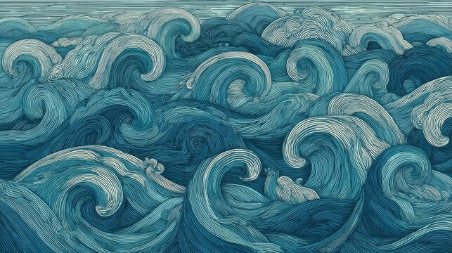 Swirling Blue Ocean Waves in Intricate Hand-Drawn Style, Capturing Movement and Depth in a Rich Color Palette