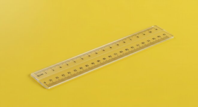 Transparent measuring instrument rests diagonally across a solid yellow surface.