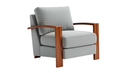 Modern upholstered armchair features wooden armrests set against a black background