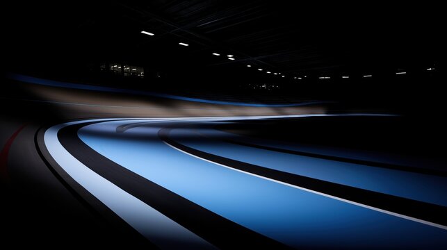 An atmospheric wide shot of an empty indoor velodrome, with dramatic lighting emphasizing the curved racing track, competitive sports, cycling event branding, athletic training, endurance sport