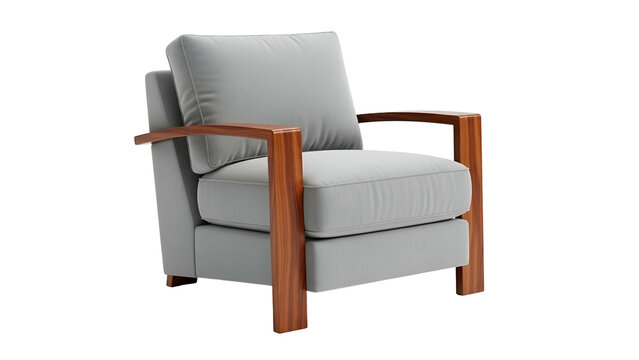 Modern upholstered armchair features wooden armrests set against a black background