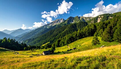 Idyllic Mountain Landscape with Lush Meadows and Towering Peaks.