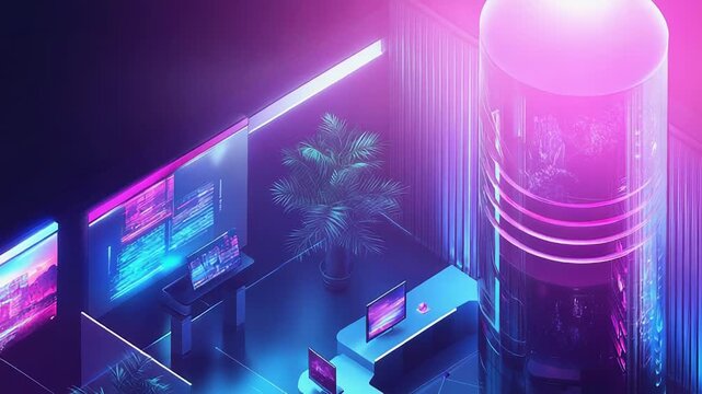 Futuristic server data center displaying digital information