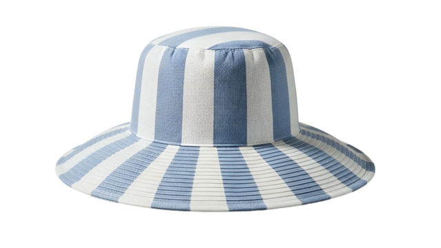 Wide brim sun protection headwear displays repeating vertical and radial stripes in light blue and white