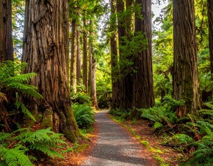 A winding path leads through a majestic redwood forest