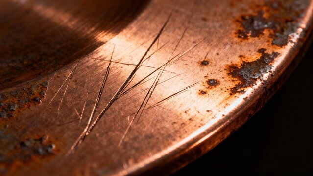 Extreme close-up of a damaged copper surface featuring deep scratches and rough patches of dark rust, creating a weathered industrial texture.