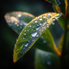 Macro shot of a green leaf covered in sparkling water droplets, illuminated by golden sunlight