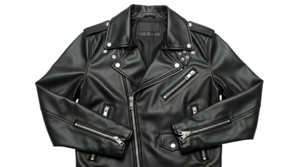 Sleek black motorcycle style jacket displays metallic hardware against a dark background