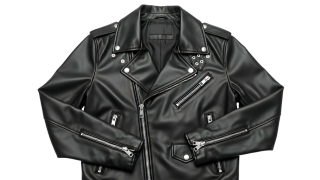 Sleek black motorcycle style jacket displays metallic hardware against a dark background