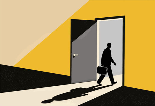 Silhouette of a businessman walking through an open door, minimal design