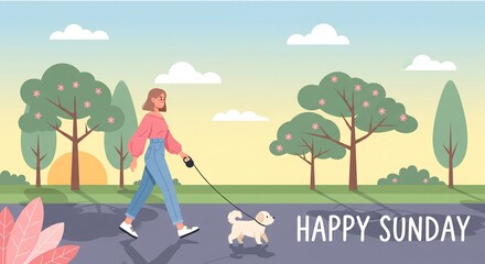 Pastel Sunday dog-walk scene with Happy Sunday text for social media