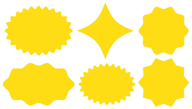 Set of yellow star burst shape tags for price. Circle sticker. Wavy edge promo badges. Set of burst tag icons. A collection of starburst stickers. eps 10